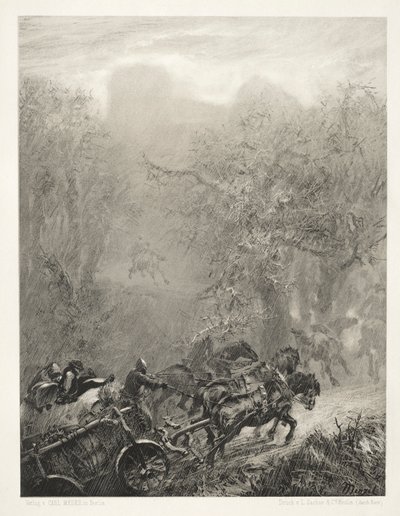 Esszé a kőről ecsettel és kaparóval: Fogolykonvoj egy erdőn keresztül, 1851. alkotó: Adolph Menzel