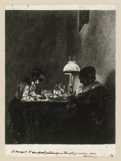 Család a lámpa mellett alkotó: Adolph Menzel