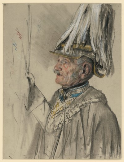 Friedrich von Wrangel gróf köpenyben, sisakkal és tollforgóval, majdnem bal profilban, portrétanulmány a „I. Vilmos megkoronázása Königsbergben” című festményhez alkotó: Adolph Menzel