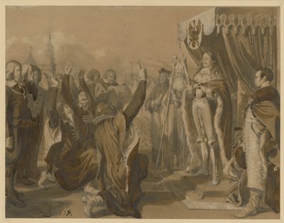 Friedrich Wilhelm brandenburgi választófejedelem 1663. október 18-án Königsbergben átveszi a porosz rendek örökletes hódolatát. Terv a „Brandenburg-Porosz történelem emlékezetes eseményei” című műhöz alkotó: Adolph Menzel