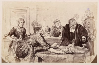 Reggeli szünet. A szolgálólányok megterítenek, Ádám italt tölt. Balra a bíró türelmetlenül fel-alá járkál, Heinrich von Kleist „Az eltört korsó” című művéhez alkotó: Adolph Menzel