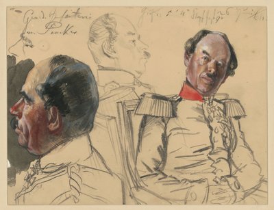 Eduard von Peucker gyalogsági tábornok, 1. fejvázlat, profil balra, 2. mellkép kissé jobbra, tekintet balra, közöttük fejvázlat, profil jobbra, vázlatok a „I. Vilmos koronázása Königsbergben” című műhöz alkotó: Adolph Menzel