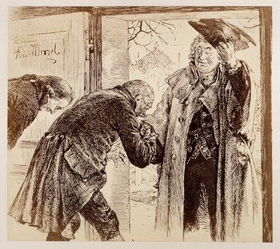 Walter bíró, barátságosan megemelve a kalapját, jobbról lép be az ajtón, Adam és Licht alázatosan üdvözli őt, Heinrich von Kleist „A törött kancsó” című művéből alkotó: Adolph Menzel