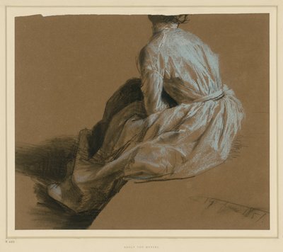 Hátulról ábrázolt ülő hölgy ruhatanulmánya alkotó: Adolph Menzel