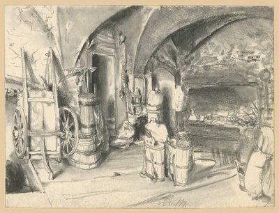 Boltozatos helyiség háztartási és mezőgazdasági eszközökkel alkotó: Adolph Menzel