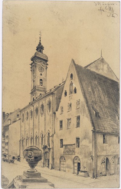A Szentlélek-templom és a kórház egykori női szárnyának épülete a müncheni Kaufinger Straße-n alkotó: Adolph Menzel
