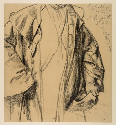 Heinrich von Kleist, A törött korsó: kabátos tiszt modelltanulmánya, fej nélkül ábrázolva, félalak kalappal a bal kezében és bottal a jobbjában alkotó: Adolph Menzel