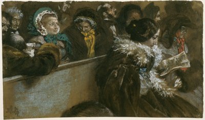 A templomban: társasági öltönyben lévő, figyelmesen hallgató nők és férfiak csoportjai ülnek a padokon alkotó: Adolph Menzel