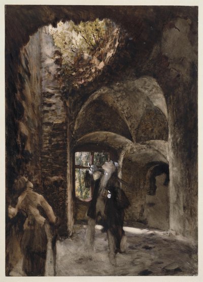 A romokban egy úr és egy hölgy egy lépcsőfordulón állnak, és felnéznek a boltívben lévő nagy lyukra alkotó: Adolph Menzel