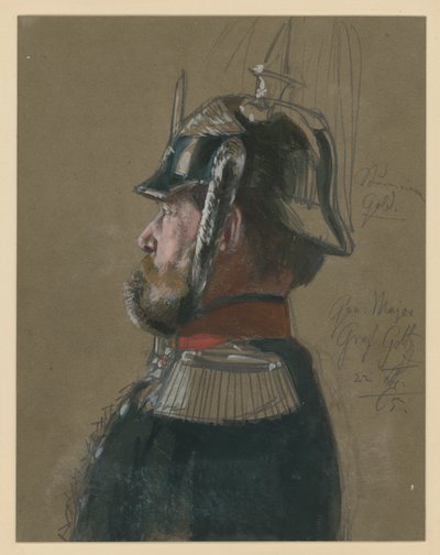 Karl Friedrich von Goltz gróf, vezérőrnagy, mellkép sisakkal és karddal, balra néző profil, portrétanulmány az „I. Vilmos koronázása Königsbergben” című műhöz alkotó: Adolph Menzel