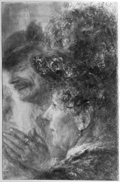 Egy kalapos hölgy feje és egy kerek kalapos, nevető férfi mellkép alkotó: Adolph Menzel