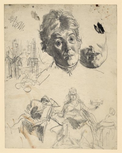 Egy idősebb nő feje, az állrész többszörös ábrázolása, építészeti vázlat, allegóriához készült figurális vázlat alkotó: Adolph Menzel