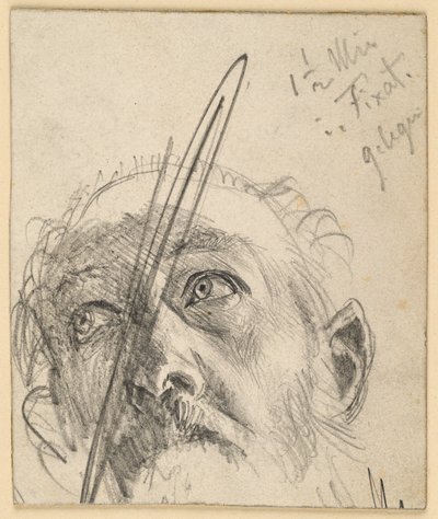 Felfelé tekintő bajuszos férfi feje, fejét kissé oldalra hajtva alkotó: Adolph Menzel