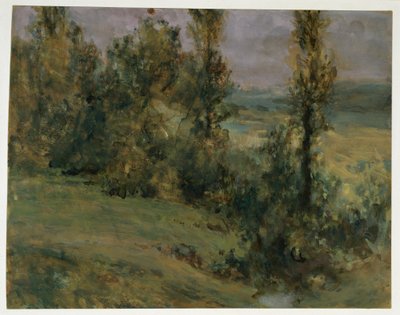 Táj lombhullató fákkal borús levegőben alkotó: Adolph Menzel
