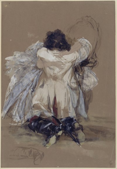 Szerelmespár, a karosszékben ülő hölgy előtt a porosz tiszti egyenruhás úr térdre rogyott, átölelik egymást alkotó: Adolph Menzel