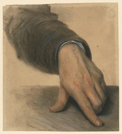 A bal kéz az alkarjával együtt az ujjatlanban van, a hüvelykujj és a mutatóujj egy felületre nyúlik alkotó: Adolph Menzel