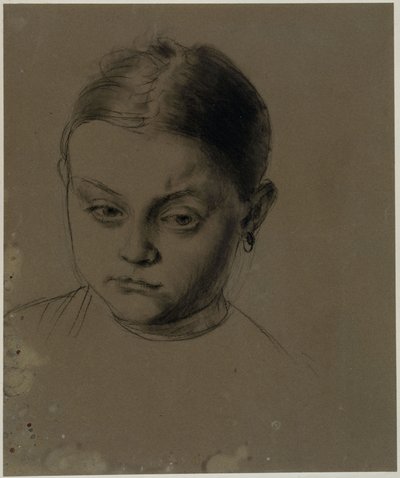 Lányfej elölnézetben, kissé lehajtott fejjel, fülbevalóval alkotó: Adolph Menzel