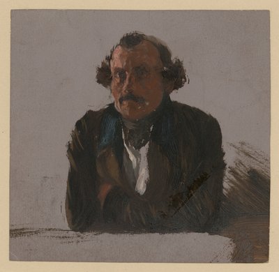 Férfi mellkép, karjait keresztbe fonva, támaszkodó testtartásban, elölnézetben alkotó: Adolph Menzel