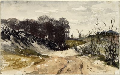Márk vidéki táj szélmalmokkal a háttérben alkotó: Adolph Menzel