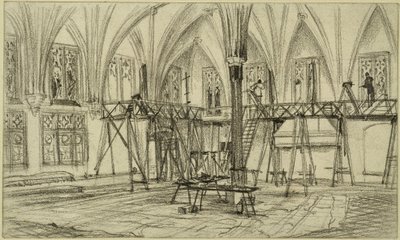 Festők állványokon a Marienburg vár nyári refektóriumában alkotó: Adolph Menzel