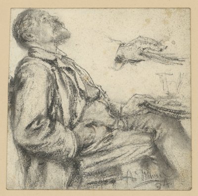 Asztalnál ülő férfi, jobbra néző, hátradőlt fejjel, felfelé tekintve, valamint kézrajz alkotó: Adolph Menzel