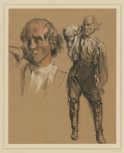 Inget, nadrágot és magas csizmát viselő férfi, szemből állva, jobb kezét a tarkójához emeli, balra néz, balra: nagyobb fejtanulmány alkotó: Adolph Menzel