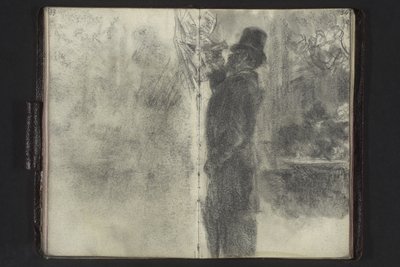 Cilinderes, esernyős férfi a falra függesztett cédulákat vizsgálja alkotó: Adolph Menzel