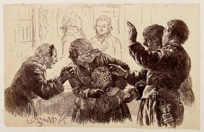 Marthe, karjában a kancsócserepekkel, Veit és Ruprecht között áll, Eve pedig könyörög az anyjának, hogy hagyjon fel a panaszkodással – Heinrich von Kleist: „A törött kancsó” alkotó: Adolph Menzel