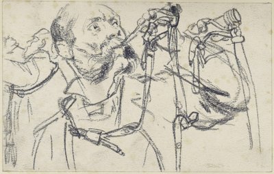 Modell, amelyen Johann Georg I. szász király smaragd színű vadászfegyver-készletéhez tartozó vadászkürtöt fúj, három nézetből, Történeti Múzeum, Drezda alkotó: Adolph Menzel