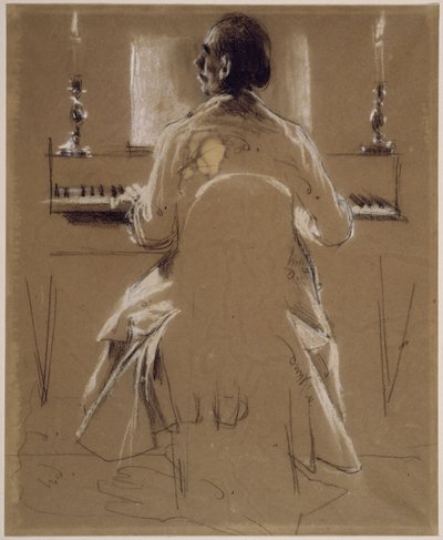 Modelltanulmány (Menzel testvére, Richard) Philipp Emanuel Bachhoz zongorán, illetve fortepianón. Előtanulmány a „II. Frigyes fuvolakoncertje Sanssouci-ban” című festményhez alkotó: Adolph Menzel