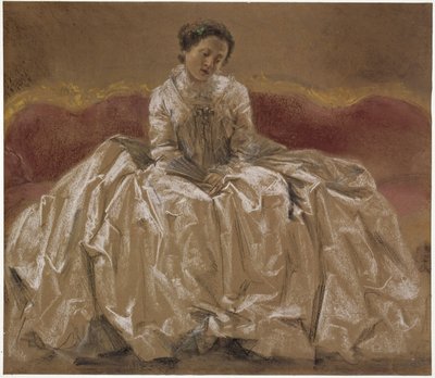Modellvázlat (Menzel húga, Emilie) Wilhelmine porosz hercegnőről (Wilhelmine bayreuthi őrgrófnő), aki a kanapén ül. Elővázlat a „Nagy Frigyes fuvolakoncertje Sanssouci-ban” című festményhez alkotó: Adolph Menzel