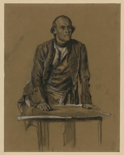 Heinrich porosz hercegről készült modellvázlat, félalakos, elölnézetben, asztal fölé hajolva, „Frigyes király idejéből. Háború és béke hősei”, 1856 (lásd Bock 1071) alkotó: Adolph Menzel