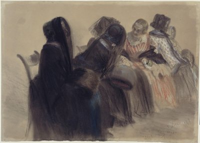 Zenei estély: hat hölgy ül székeken jobbra haladó, a terem mélyébe vezető sorban, részben beszélgetnek alkotó: Adolph Menzel
