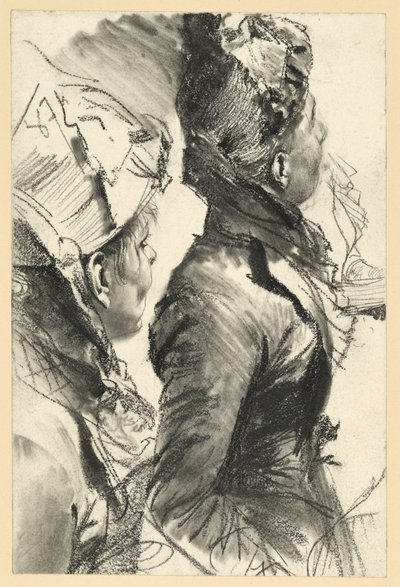 Jobbra felfelé tekintő kalapos nő, félalak profilból, két tanulmány alkotó: Adolph Menzel