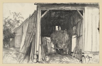 Nyitott pajta szalmával megrakott szekérrel alkotó: Adolph Menzel
