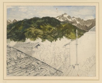 Partenkirchen, kilátás a hegyekre és a parasztházakra alkotó: Adolph Menzel