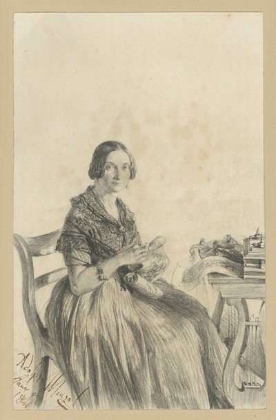 Pauline Martini, születési neve Dambke, az asztalnál ülve, tekintete a néző felé fordul alkotó: Adolph Menzel