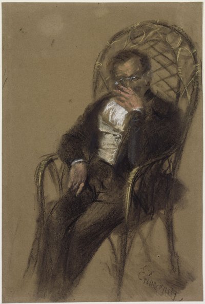 Dohányzó, szemüveges úr vesszőfonatú székben ülve alkotó: Adolph Menzel