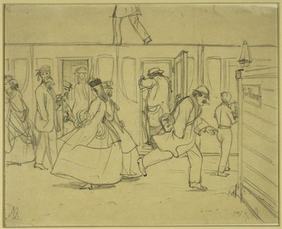 Utazók a vasútállomáson („Uraknak“) alkotó: Adolph Menzel