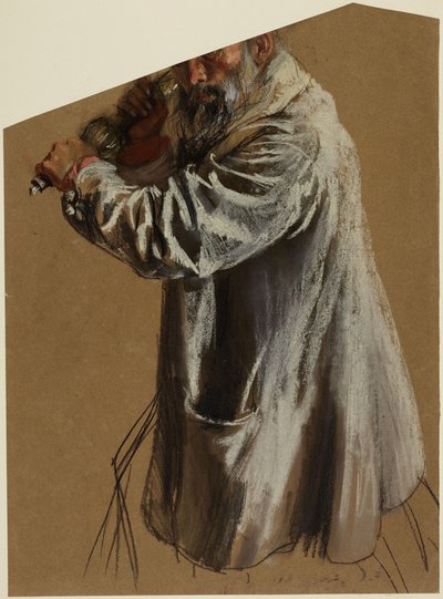 Egy idősebb, szakállas férfi kabátja lámpásfogantyúval, balra néző térdkép, a szemek fölött levágva alkotó: Adolph Menzel