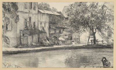 Házsor hátoldala és fa a víz mellett alkotó: Adolph Menzel