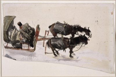 Kétlovas szánfogat kocsissal, felülnézetből alkotó: Adolph Menzel