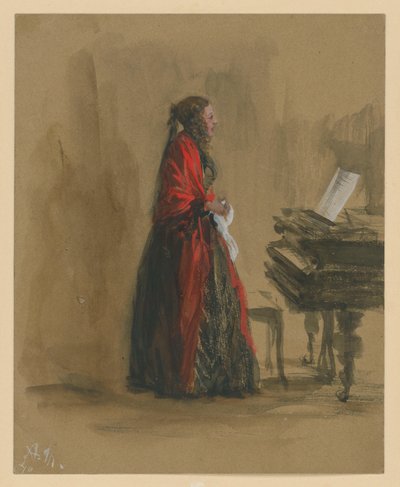 Éneklő nő, zongora mellett állva, jobbra néző profilban alkotó: Adolph Menzel