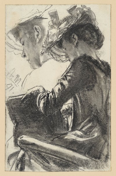 Ülő nő kalappal, könyv a kezében, ismételt fej alkotó: Adolph Menzel