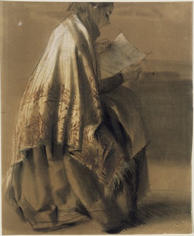 Ülő, olvasó nő, széles kendőben alkotó: Adolph Menzel