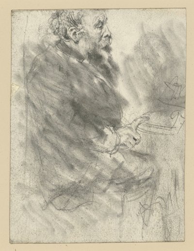 Ülő, szakállas férfi, jobbra néz, jobb kezének mutatóujját kinyújtva az asztallapon tartja alkotó: Adolph Menzel