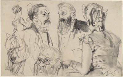 Vázlatlap három férfifejjel és egy előkelő társaság két női hátulnézeti alakjával alkotó: Adolph Menzel