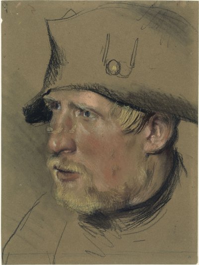Szőke bajuszú és kecskeszakállú katona háromszögletű kalapban, fejtanulmány alkotó: Adolph Menzel