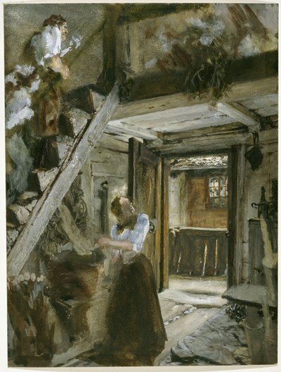 Lépcső egy parasztházban, figurális díszítéssel alkotó: Adolph Menzel