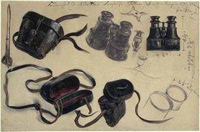 Tanulmány Moltke gróf tábornagy távcsövéről, tokja és részletei, jegyzetekkel alkotó: Adolph Menzel